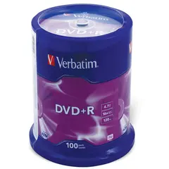 Диски DVD+R (плюс) VERBATIM 4,7 Gb 16x, КОМПЛЕКТ 100 шт., Cake Box, 43551, фото 1