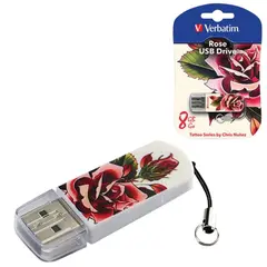 Флэш-диск 8 GB, VERBATIM Mini Tattoo Edition Rose, USB 2.0, белый с рисунком, 49881, фото 1