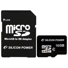 Карта памяти micro SDHC, 16 GB, SILICON POWER, 4 Мб/сек. (class 4), с адаптером, 16GBSTH004V10SP, фото 1
