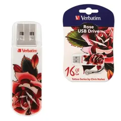 Флэш-диск 16 GB, VERBATIM Mini Tattoo Edition Rose, USB 2.0, белый с рисунком, 49885, фото 1