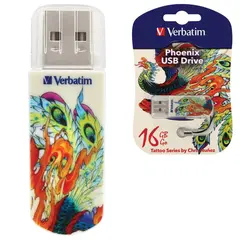 Флэш-диск 16 GB, VERBATIM Mini Tattoo Edition Phoenix, USB 2.0, белый с рисунком, 49887, фото 1