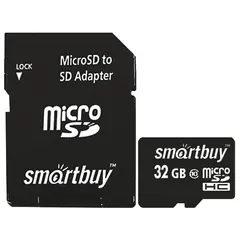 Карта памяти micro SDHC, 32 GB, SMARTBUY, 10 Мб/сек. (class 10), с адаптером, SB32GBSDCL10-01, фото 1