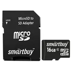 Карта памяти micro SDHC, 16 GB, SMARTBUY, 10 Мб/сек. (class 10), с адаптером, SB16GBSDCL10-01, фото 1