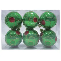 Шары елочные, НАБОР 6 шт., пластик, диаметр 6 см, с рисунком, цвет зеленый (глянец), 59586, фото 1