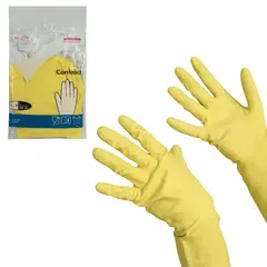 Перчатки хозяйственные резиновые VILEDA &quot;Контракт&quot; с х/б напылением, размер L (большой), желтые, 101018, фото 1