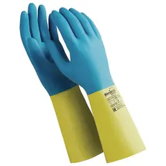 Перчатки латексно-неопреновые MANIPULA &quot;Союз&quot;, хлопчатобумажное напыление, размер 7-7,5 (S), синие/желтые, LN-F-05, фото 1