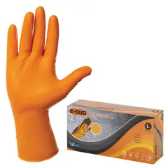 Перчатки нитриловые с удлиненной манжетой, КОМПЛЕКТ 25 пар, размер L(большой), оранж., E-DUO, шк0719, E105-0x-Orange, фото 1