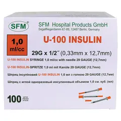 Шприц инсулиновый SFM, 1 мл. КОМПЛЕКТ 10 шт. пакет, U-100 игла несъемная 0,33х12,7 -, 534250, фото 1