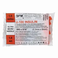 Шприц инсулиновый SFM, 1 мл. КОМПЛЕКТ 10 шт. в пакете, U-100 игла несъемная 0,3х8 - 3, 534253, фото 1