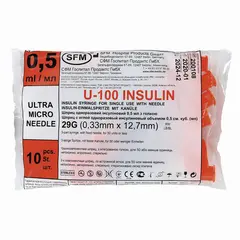 Шприц инсулиновый SFM, 0,5 мл. КОМПЛЕКТ 10 шт. пакет, U-100 игла несъемная 0,33х12,7, 534252, фото 1