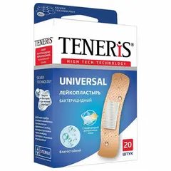 Набор пластырей 20 шт. TENERIS UNIVERSAL, бактерицидный с ионами серебра, полимерная основа, 0208-006, фото 1