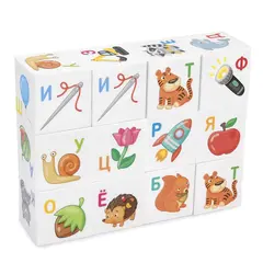 Кубики пластиковые Для умников &quot;Азбука&quot; 12 шт., 4х4х4 см, буквы/картинки на белых кубиках,10 КОР, 712, фото 1