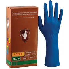 Перчатки латексные смотровые КОМПЛЕКТ 25пар(50шт), повышенной прочности, удлиненные, размер M(средний), синие, SAFE&amp;CARE High Risk TL210, ТL 210, фото 1
