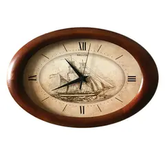Часы настенные САЛЮТ ДС-ОБ28-196, круг, бежевые с рисунком &quot;Корабль&quot;, деревянная рамка, 40х26,5х4 см, фото 1