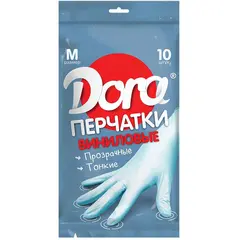 Перчатки виниловые КОМПЛЕКТ 5пар (10шт) неопудренные, размер М (средний) белые, DORA, ш/к32057, 2004-002, фото 1