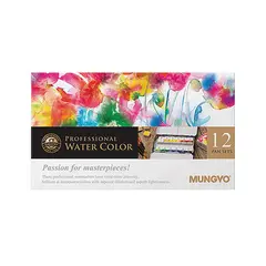 Акварель Mungyo, профессиональная, 12 цветов, мал. кюветы, металлический пенал, фото 1