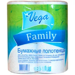 Полотенца бумажные в рулонах Vega &quot;Family&quot; 2-слойные, тиснение и перфорация, белые, 2шт., фото 1