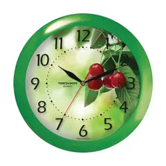Часы настенные TROYKA 11120162, круг, белые с рисунком &quot;Вишня&quot;, зеленая рамка, 29х29х3,5 см, фото 1