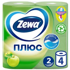 Бумага туалетная Zewa Плюс, 2-слойная, 4шт., тиснение, зеленая, яблоко, фото 1