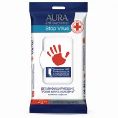 Дезинфицирующие салфетки влажные 48 шт, AURA &quot;Stop Virus&quot;, для рук и поверхностей, 10535, фото 1