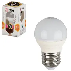 Лампа светодиодная ЭРА, 5 (40) Вт, цоколь E27, шар, теплый белый свет, 30000 ч., LED smdP45-5w-827-E27, фото 1
