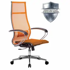 Кресло офисное МЕТТА &quot;К-7&quot; хром, прочная сетка, сиденье и спинка регулируемые, оранжевое, фото 1