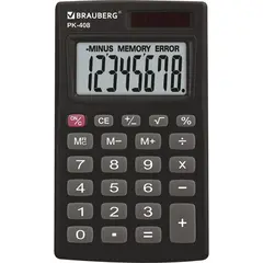 Калькулятор карманный BRAUBERG PK-408-BK (97x56 мм), 8 разрядов, двойное питание, ЧЕРНЫЙ, 250517, фото 1
