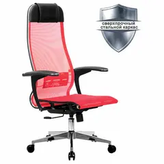 Кресло офисное МЕТТА &quot;К-4-Т&quot; хром, прочная сетка, сиденье и спинка регулируемые, красное, фото 1
