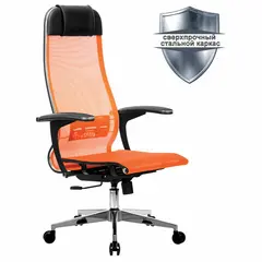 Кресло офисное МЕТТА &quot;К-4-Т&quot; хром, прочная сетка, сиденье и спинка регулируемые, оранжевое, фото 1