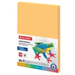 Бумага цветная BRAUBERG, А4, 80г/м, 100 л, медиум, оранжевая, для офисной техники, ХХ, фото 1