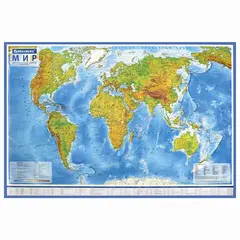 Карта мира физическая 101х66 см, 1:29М, с ламинацией, интерактивная, европодвес, BRAUBERG, 112377, фото 1