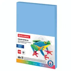 Бумага цветная BRAUBERG, А4, 80 г/м2, 100 л., медиум, синяя, для офисной техники, 112459, фото 1