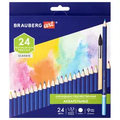 Карандаши цветные акварельные художественные BRAUBERG ART CLASSIC, 24 цвета, грифель, фото 1