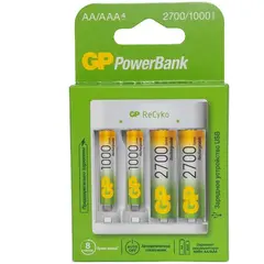 Зарядное устройство GP E411270/100-2CRB4 + 2шт акк. AA (HR06) 2700mAh+ 2шт акк. AAA (HR03) 1000mAh (USB), фото 1