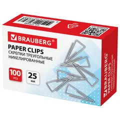 Скрепки BRAUBERG, 25 мм, никелированные, треугольные, 100 шт., в картонной коробке, 270440, фото 1