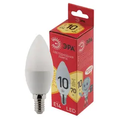 Лампа светодиодная ЭРА, 10(70)Вт, цоколь Е14, свеча, теплый белый, 25000 ч, LED B35-10W-2700-E14, Б0049641, фото 1