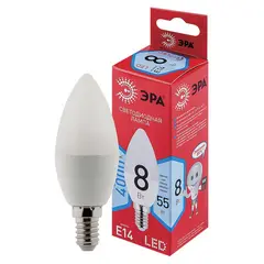 Лампа светодиодная ЭРА, 8(55)Вт, цоколь Е14, свеча, нейтральный белый, 25000 ч, LED B35-8W-4000-E14, Б0050200, фото 1