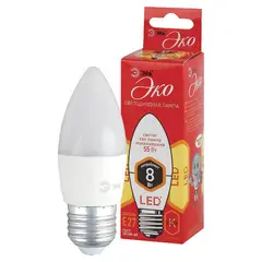 Лампа светодиодная ЭРА, 8(75)Вт, цоколь Е27, свеча, теплый белый, 25000 ч, ECO LED B35-8W-2700-E27, Б0030020, фото 1