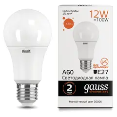 Лампа светодиодная GAUSS, 12(100)Вт, цоколь Е27, груша, теплый белый, 25000 ч, LED A60-12W-3000-E27, 23212, фото 1