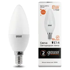 Лампа светодиодная GAUSS, 8(75)Вт, цоколь Е14, свеча, теплый белый, 25000 ч, LED B37-8W-3000-E14, 33118, фото 1