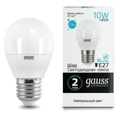 Лампа светодиодная GAUSS, 10(85)Вт, цоколь Е27, шар, нейтральный белый, 25000 ч, LED G45-10W-4100-E27, 53220, фото 1