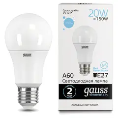 Лампа светодиодная GAUSS, 20(150)Вт, цоколь Е27, груша, холодный белый, 25000 ч, LED A60-20W-6500-E27, 23239, фото 1