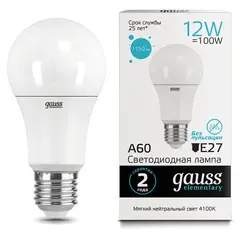 Лампа светодиодная GAUSS, 12(100)Вт, цоколь Е27,груша, нейтральный белый,25000ч,LED A, 23222, фото 1