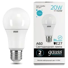 Лампа светодиодная GAUSS, 20(150)Вт, цоколь Е27, груша, нейтральный белый, 25000 ч, LED A60-20W-4100-E27, 23229, фото 1