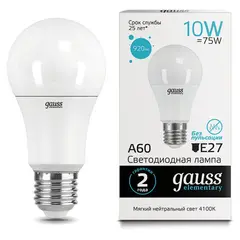 Лампа светодиодная GAUSS, 10(75)Вт, цоколь Е27, груша, нейтральный белый, 25000 ч, LED A60-10W-4100-E27, 23220, фото 1