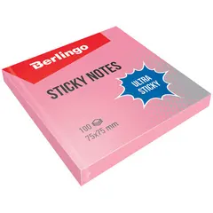 Самоклеящийся блок Berlingo &quot;Ultra Sticky&quot;, 75*75мм, 100л, пастель, розовый, фото 1