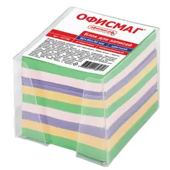 Блок для записей ОФИСМАГ в подставке прозрачной, куб 9х9х9 см, цветной, 127799, фото 1