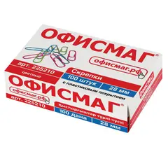 Скрепки ОФИСМАГ, 28 мм, цветные, 100 шт., в картонной коробке, Россия, 225210, фото 1