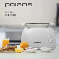 Тостер POLARIS PET 0702L, 750 Вт, 2 тоста, 6 режимов, механическое управление, пластик, белый, 03277, фото 1