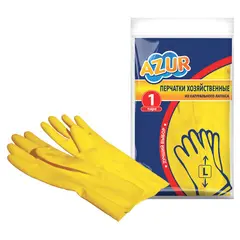 Перчатки резиновые, без х/б напыления, рифленые пальцы, размер L, жёлтые, 32 г, БЮДЖЕТ, AZUR, 92110, фото 1